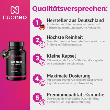 Citicoline CDP holīns 500 mg, 60 kapsulas, augsta biopieejamība, bez piedevām, pilns 500 mg citicoline/CDP holīna daudzums vienā kapsulā no nuoneo