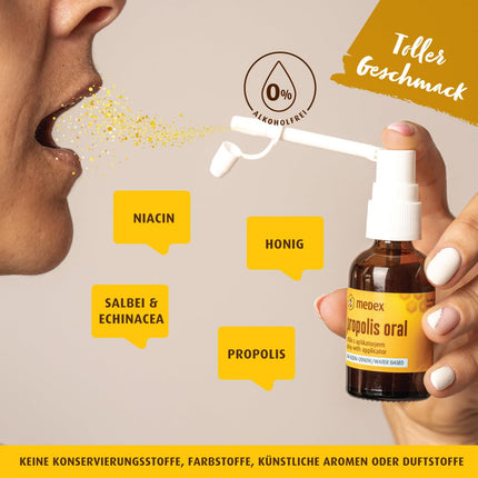 Medex Propolis Oral, propolisa aerosols, mutes un rīkles aerosols, uz ūdens bāzes, BEZ spirta; Ar medu, salviju, niacīnu, ehināciju, standartizētiem bioflavonoīdiem, ar aplikatoru, 30 ml