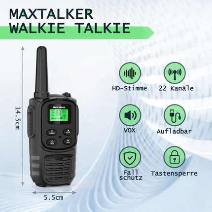 MaxTalker MT10 uzlādējama rācija pieaugušajiem un bērniem, 1200 mAh litija jonu akumulators, USB-C kabelis, LED lukturītis, VOX radioaparāti pārgājieniem un kempingam, 4 gabalu komplekts