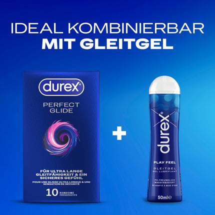 Durex Perfect Glide prezervatīvi – ar lielu daudzumu silikona lubrikanta ilgstošai lubrikācijai un drošai sajūtai – 10 iepakojums (1 x 10 gabali)