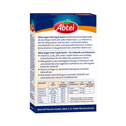 Abtei Eye Vital Day and Night - ar A vitamīnu, luteīnu, DHA un zeaksantīnu - redzes uzturēšanai - augsta deva, bez glutēna, bez laktozes - 30 kapsulas