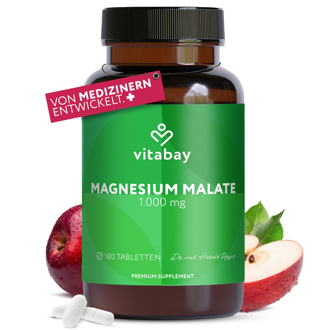 Vitabay magnija malāts 1000 mg augsta deva - 180 tabletes vegāns un laboratoriski pārbaudīts - magnija augstas devas kapsulas - veicina normālu enerģijas metabolismu un normālu muskuļu darbību