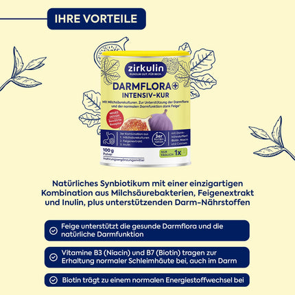 Zirkulin Darmflora Plus 100g pulveris – uztura bagātinātājs veselīgas zarnu mikrofloras atbalstam – ar B3, B7 vitamīniem, kalciju un biotīnu – piemērots kā kūrbbarības līdzeklis vai ilgtermiņa uztura bagātinātājs