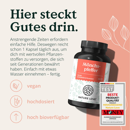 NATURE LOVE® mūka piparu kapsulas - 240 kapsulas - 4:1 ekstrakts no oriģinālā Vitex Agnus Castus - augsta deva ar 10 mg vienā kapsulā, bez nevajadzīgām piedevām, vegāns, laboratoriski pārbaudīts, ražots Vācijā