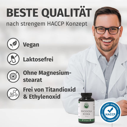 Rhodiola Rosea kapsulas — augsta deva: 500 mg vienā kapsulā ar 3% rozavīniem un 1% salidrosīdu — 4 mēnešu krājumi (120 kapsulas) — Rhodiola Rosea — aptiekas kvalitāte — Green Naturals®
