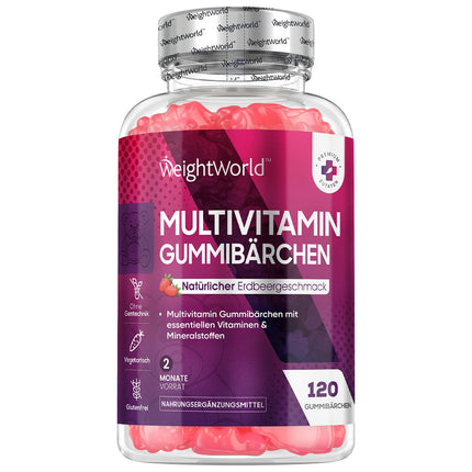 Multivitamīnu želejkonfektes - 120 želejkonfektes ar 13 sastāvdaļām - Ar jodu, C, A, D3, E, B9, B5 vitamīniem, biotīnu, cinku - Zemeņu garša - 2 mēnešu krājums - Alternatīva kapsulām - WeightWorld