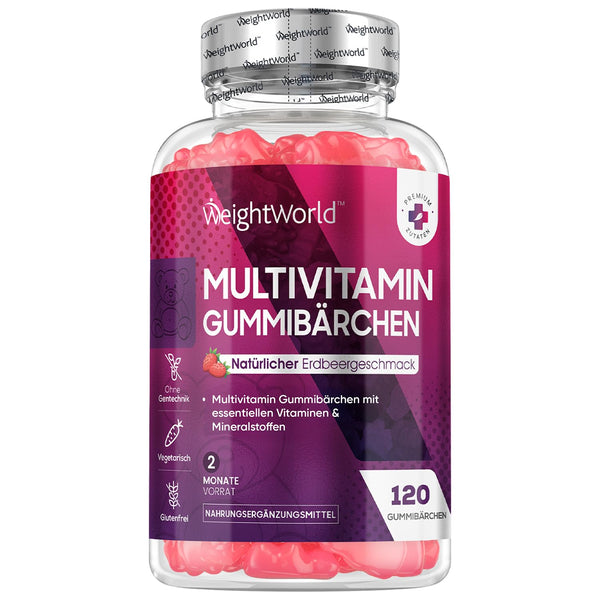 Multivitamīnu želejkonfektes - 120 želejkonfektes ar 13 sastāvdaļām - Ar jodu, C, A, D3, E, B9, B5 vitamīniem, biotīnu, cinku - Zemeņu garša - 2 mēnešu krājums - Alternatīva kapsulām - WeightWorld