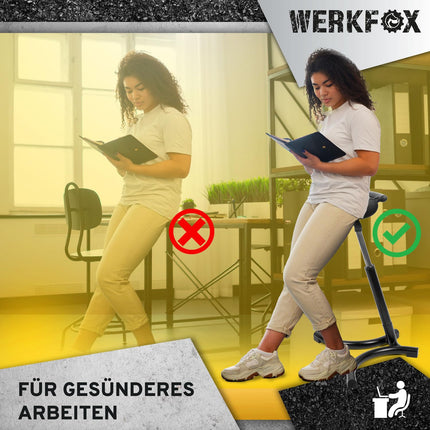 Werkfox® stāvkrēsls ar ergonomisku regulējamu augstumu; Stāvkrēsls darbnīcas atbalstam, stāvkrēsls galdam, birojam, rūpniecībai