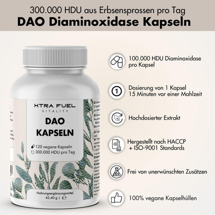 DAO kapsulas 120 gab. (liela deva) - 300 000 HDU dienā - DAO enzīms no zirņu proteīna - vegāns un laboratoriski pārbaudīts
