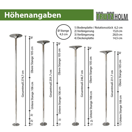 TRUTZHOLM Pole Dance Professional melnā vai hromā, apm. 231–274 cm Ø 45 mm Statiskā un vērpšanas vingrošana bez urbšanas Fitness (sudraba krāsā)