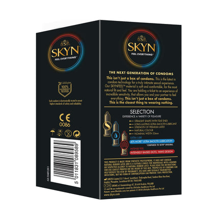 SKYN Selection Variety prezervatīvu komplekts (50 gab.) un Elite prezervatīvi (10 gab.) | Dažādu veidu iepakojums ar 10 oriģinālajiem, 20 Intense Feel un 20 Extra Lube prezervatīviem, plāniem prezervatīviem, lietojamiem ar mūsu lubrikantiem