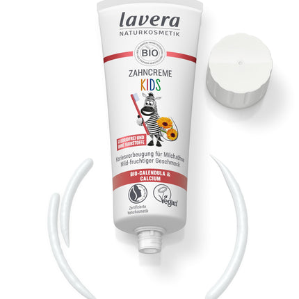 Lavera zobu pasta bērniem BEZ FLUORĪDA - bez krāsvielām - aizsargā piena zobus - maiga un augļaina - bioloģiskās kliņģerītes un kalcijs - vegāna - 75 ml