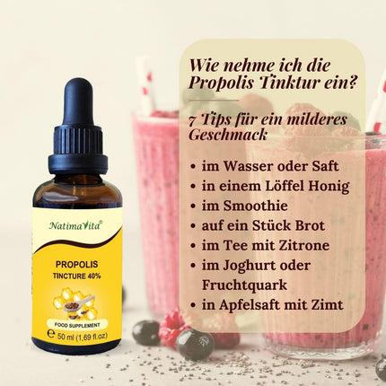 Propolisa tinktūra 40% - 50 ml - tīri augstas devas pilieni - 100% dabīgs ekstrakts - imūnsistēmas atbalstam - praktiska pipete - NatimaVita