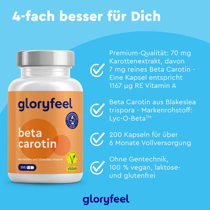 Beta karotīna iedeguma kapsulas - 200 vegānas kapsulas - Zīmola izejviela Lyc-O-Beta® no dabīga burkānu ekstrakta - Provitamīns A redzei, ādai un imūnsistēmai* - Izstrādāts Vācijā un laboratorijā pārbaudīts