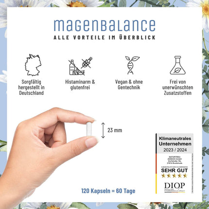 NATURTREU® Magenbalance betaīna HCL komplekss vegāns - ar pepsīnu, kumelītēm un hlorīdu - atbalsta kuņģa skābi un gremošanu* - pilna spektra enzīmu kapsulas ar augstu devu