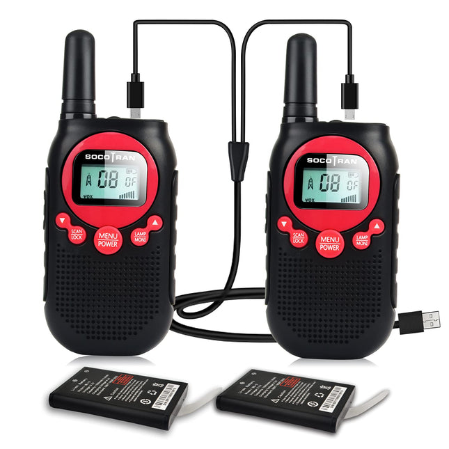 Rācijas bērniem, uzlādējamas divvirzienu rācijas, 8 kanālu diapazons 5 km, PMR 446 radio ar VOX LCD ekrānu, rācijas rotaļlietu dāvanas, 2 iepakojumi, sarkani