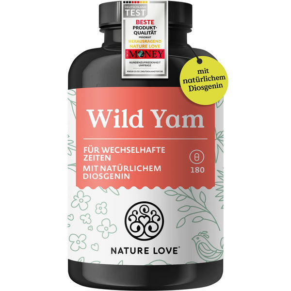 NATURE LOVE® Wild Yam kapsulas - 180 vegānas menopauzes kapsulas - Augsta deva ar 880 mg ekstrakta (ieskaitot 176 mg diosgenīna) - laboratoriski pārbaudīts, bez nevēlamām piedevām un ražots Vācijā