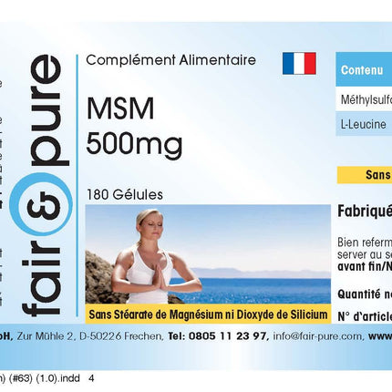 Fair &amp; Pure® - MSM 500 mg kapsulas - 180 kapsulas - metilsulfonilmetāns - vegāns - bez magnija stearāta