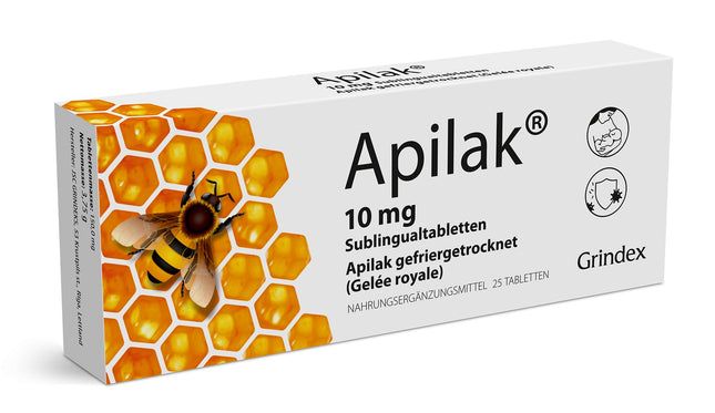 Apilak Grindex 10 mg - uztura bagātinātājs ar liofilizētu peru pieniņu | Atbalsts pieaugušajiem un bērniem | 25 dabīgas sublingvālās tabletes