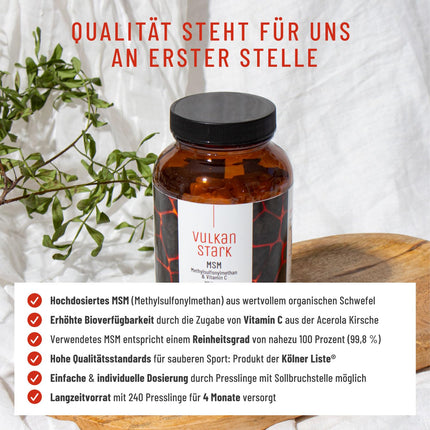 Augstas devas MSM tabletes - 2000 mg MSM ar dabīgu C vitamīnu no acerolas - 4 mēnešu krājumi - Alternatīva MSM kapsulām - Metilsulfonilmetāns, vegāns, laboratoriski pārbaudīts