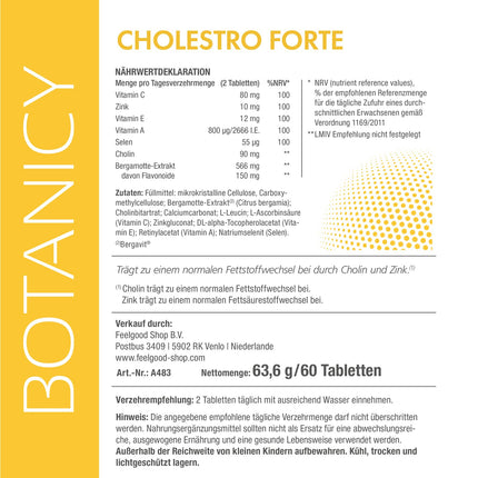 BOTANICY Cholestro Forte ar BERGAVIT® - dabiski pazemina holesterīna līmeni - bergamotes ekstrakts, A, C un E vitamīni, cinks, selēns un holīns - bez hormoniem, vegāns - 60 tabletes