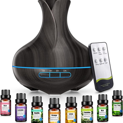 Aromātu difuzors, 600 ml ar 8 ēteriskajām eļļām, guļamistabas gaisa mitrinātājs, gaisa mitrinātājs ar tālvadības pulti, 4 taimeri, automātiska izslēgšanās bez ūdens lielām telpām