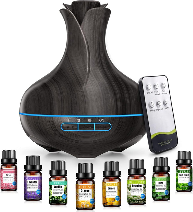 Aromātu difuzors, 600 ml ar 8 ēteriskajām eļļām, guļamistabas gaisa mitrinātājs, gaisa mitrinātājs ar tālvadības pulti, 4 taimeri, automātiska izslēgšanās bez ūdens lielām telpām