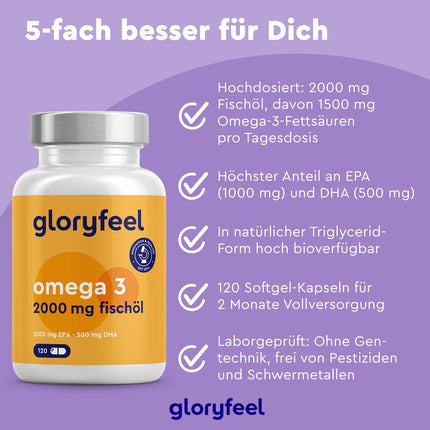 Omega 3 kapsulas - Augsta deva ar 2000 mg zivju eļļas, 1000 mg EPA un 500 mg DHA vienā dienas devā (triglicerīdu veidā) - Neaizvietojamās taukskābes no anšoviem - Laboratorijā pārbaudītas un ražotas Vācijā