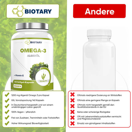 Omega 3 vegāns no aļģu eļļas 140 mīkstās kapsulas | 600 DHA un 300 EPA+ E vitamīns vienā dienas devā | apm. 3 mēnešu krājumi, ieskaitot tablešu kastīti | laboratoriski pārbaudīts | augsta biopieejamība