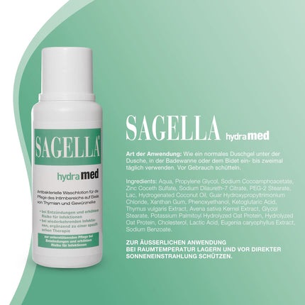 SAGELLA hydramed: Antibakteriāls mazgāšanas losjons intīmajai zonai, intīmai kopšanai iekaisuma un paaugstināta infekcijas riska gadījumā, 250 ml