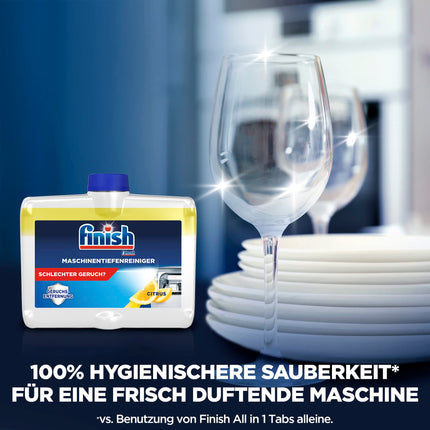 Finish Machine Deep Cleaner Citrus – šķidrs trauku mazgājamās mašīnas tīrīšanas līdzeklis pret kaļķakmeni un taukiem tīrai trauku mazgājamajai mašīnai – izdevīgs iepakojums ar 4 x 250 ml trauku mazgājamās mašīnas tīrīšanas līdzekļa ar citrona aromātu