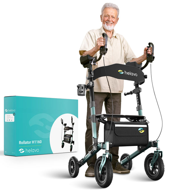 Helavo āra artrīta rollators ar polsterētiem apakšdelmu balstiem - stāvus staigulītis ar necaurduramām cietgumijas riepām lietošanai ārpus telpām - maksimāla mobilitāte un komforts ārpus telpām