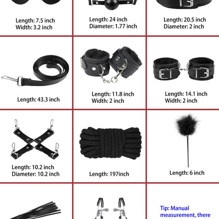 BDSM komplekts ar 10 daļām, SM gultas piederumi, verdzības komplekts, spalvu pātaga un acu maska, roku dzelži, potīšu aproces, spalvas, krūtsgala skavas, fetiša seksa rotaļlieta, verdzības komplekts piestiprināšanai pie gultas pāriem