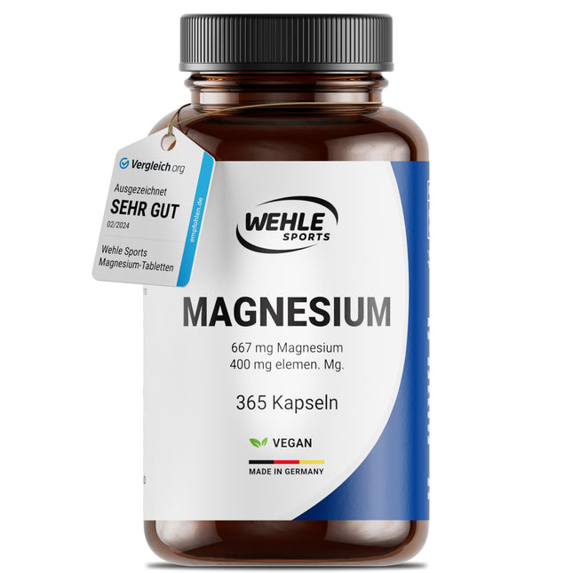 Magnija 400 mg kapsulas, augsta deva - 365 kapsulas (1 gads) 667 mg vienā kapsulā, no kuriem 400 mg elementārā magnija | Laboratorijā pārbaudīts. Vegāns - Wehle Sports