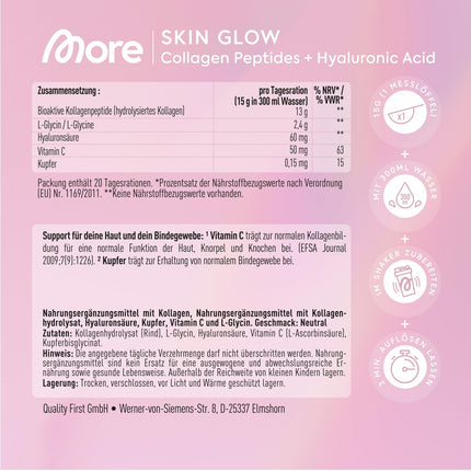 MORE Glow - kolagēna peptīdi un hialuronskābe, augstākās kvalitātes kolagēna un hialuronskābes pulveris ar varu, C vitamīnu un L-glicīnu, 300 g bundža, atbalsta svaigu ādu un saistaudus, neitrāls, ražots Vācijā