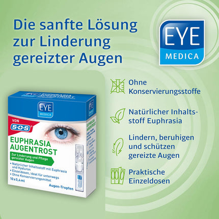 EyeMedica Euphrasia acu pilieni sausām un kairinātām acīm, mitrinoši, nomierinoši un kopjoši, ar hialuronskābi, 10 x 0,4 ml vienreizējas devas