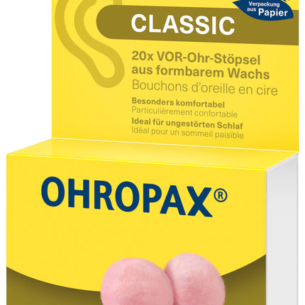 OHROPAX Classic ausu aizbāžņi – ausīs ievietojami ausu aizbāžņi aizsardzībai pret troksni, mitrumu un vēju – izgatavoti no formējama, elastīga vaska – ērti un piemēroti visām ausīm – skaņas izolācijas vērtība SNR 21 dB – 20 gabali