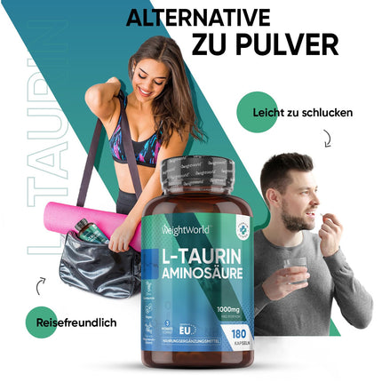 L-taurīna kapsulas - 1000 mg dienā - 180 vegānu aminoskābju kapsulas - 2 L-taurīna aminoskābju kapsulas - 3 mēnešu krājumi - alternatīva pulverim vai tabletēm - WeightWorld