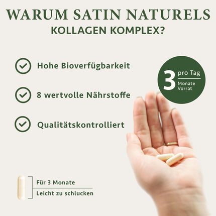 Satin Naturel hialurona kolagēna komplekss - 270 augstas devas kapsulas - bagātināts ar biotīnu, selēnu, cinku, C vitamīnu un bambusa ekstraktu ādai, matiem un nagiem - ražots Vācijā