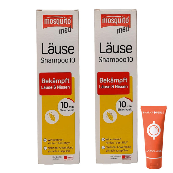 Mosquito med Lice šampūns 2x 100ml - cīnās ar galvas utīm un gnīdām | Ātri un efektīvi | Praktisks pielietojums | Utu līdzeklis | Utu ārstēšana | Vērtību komplekts plus Pharma Perle dāvanu izloze
