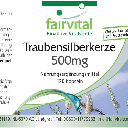 Fairvital | Melnās čūskas kapsulas 5000 mg - 120 kapsulas - AUGSTA DEVA ar 500 mg melnās čūskas ekstrakta 10:1 vienā kapsulā - VEGĀNS - Cimicifuga Racemosa