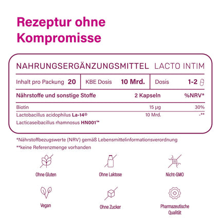 Nupure® Lacto Intim pienskābes baktērijas maksts baktēriju regulēšanai, kā arī biotīns gļotādām, iekšķīgai lietošanai, maksts probiotikas, 20 kapsulas, vegānas, bez laktozes.