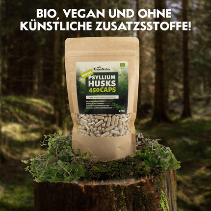 RheinNatur organiskās psyllium sēnalu kapsulas - 450 lielas devas kapsulas (3000 mg vienā porcijā) - ražotas Vācijā - psyllium sēnalu šķiedrvielas - psyllium kapsulas - atbalsta gremošanu