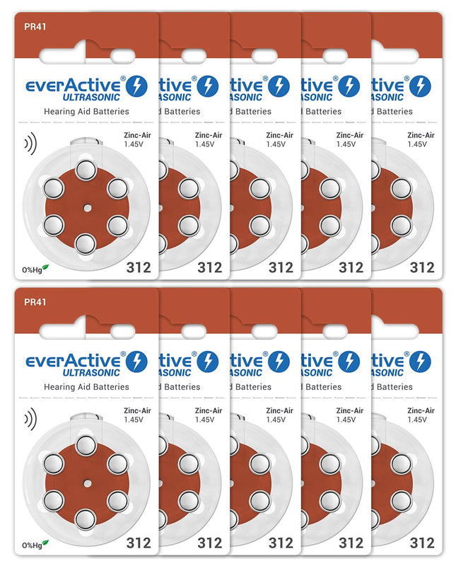 everActive 312, 60 gabali, dzirdes aparātu baterijas, augstas veiktspējas, cinka-gaisa baterijas, 10 blisteriepakojumi, 4 gadu glabāšanas laiks, brūnas, ultraskaņas PR41