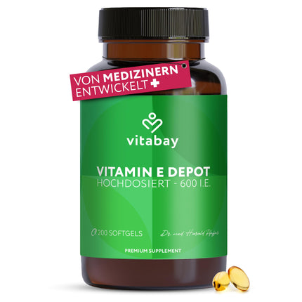 Vitabay E vitamīns 600 SV Depot augsta deva - 200 E vitamīna kapsulas vegāns un laboratorijā pārbaudīts ar tokoferolu un tokotrienolu - E vitamīns veicina šūnu aizsardzību pret oksidatīvo stresu