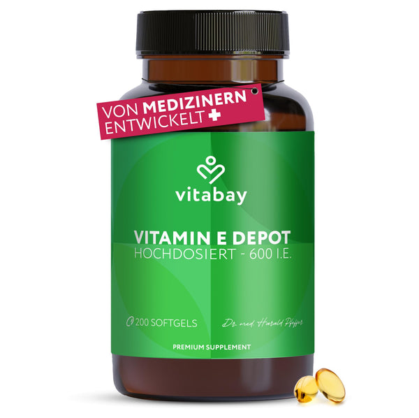 Vitabay E vitamīns 600 SV Depot augsta deva - 200 E vitamīna kapsulas vegāns un laboratorijā pārbaudīts ar tokoferolu un tokotrienolu - E vitamīns veicina šūnu aizsardzību pret oksidatīvo stresu