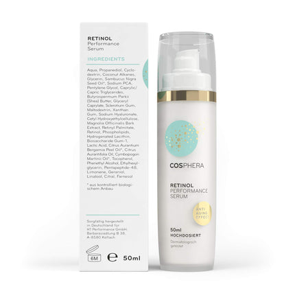 Cosphera - Retinol Performance serums 50 ml - ar hialuronskābi - vegāns augstas devas koncentrāta gels sejai, kaklam - pretgrumbu mitrinoša procedūra sievietēm un vīriešiem