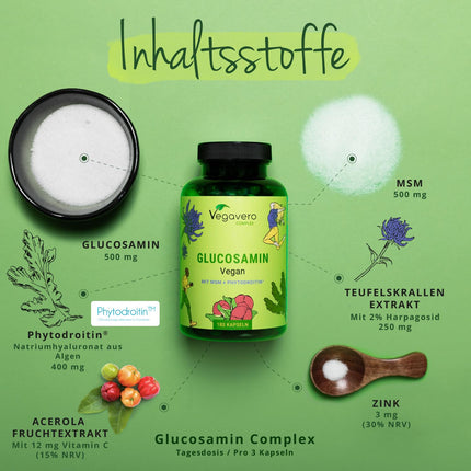 Glikozamīna hondroitīna komplekss Vegavero® | 100% vegāns | Ar MSM, fitodroitīnu®, velna naglu, C vitamīnu, cinku | Locītavām un kauliem* | 180 kapsulas | Bez piedevām | Vācu produkcija