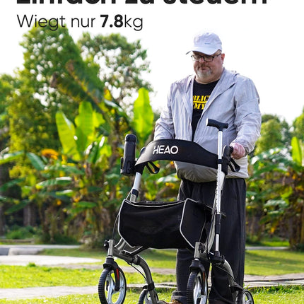 HEAO rullīšu palīglīdzeklis senioriem ar sēdekli, rullītis ar krūzīšu turētāju un polsterētu atzveltni, salokāms dizains, viegls tikai 7,8 kg, 10 collu riteņi maksimālai mobilitātei, pelēks