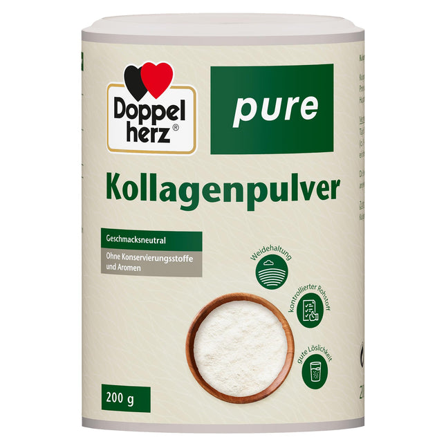 Doppelherz tīrs kolagēna pulveris - bez garšas - viegli šķīstošs - bez konservantiem vai aromatizētājiem - kontrolēta izejviela no ganību saimniecībām - 200 g